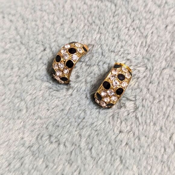 Vintage Small Half Hoop Black Enamel and Clear Rhinestone Pierced Earrings - Picture 1 of 10